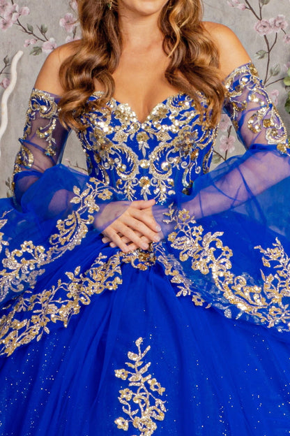 Quinceniera Dresses Detachable Long Sleeves Gold Sequin Quinceanera Ball Gown Royal Blue/Gold