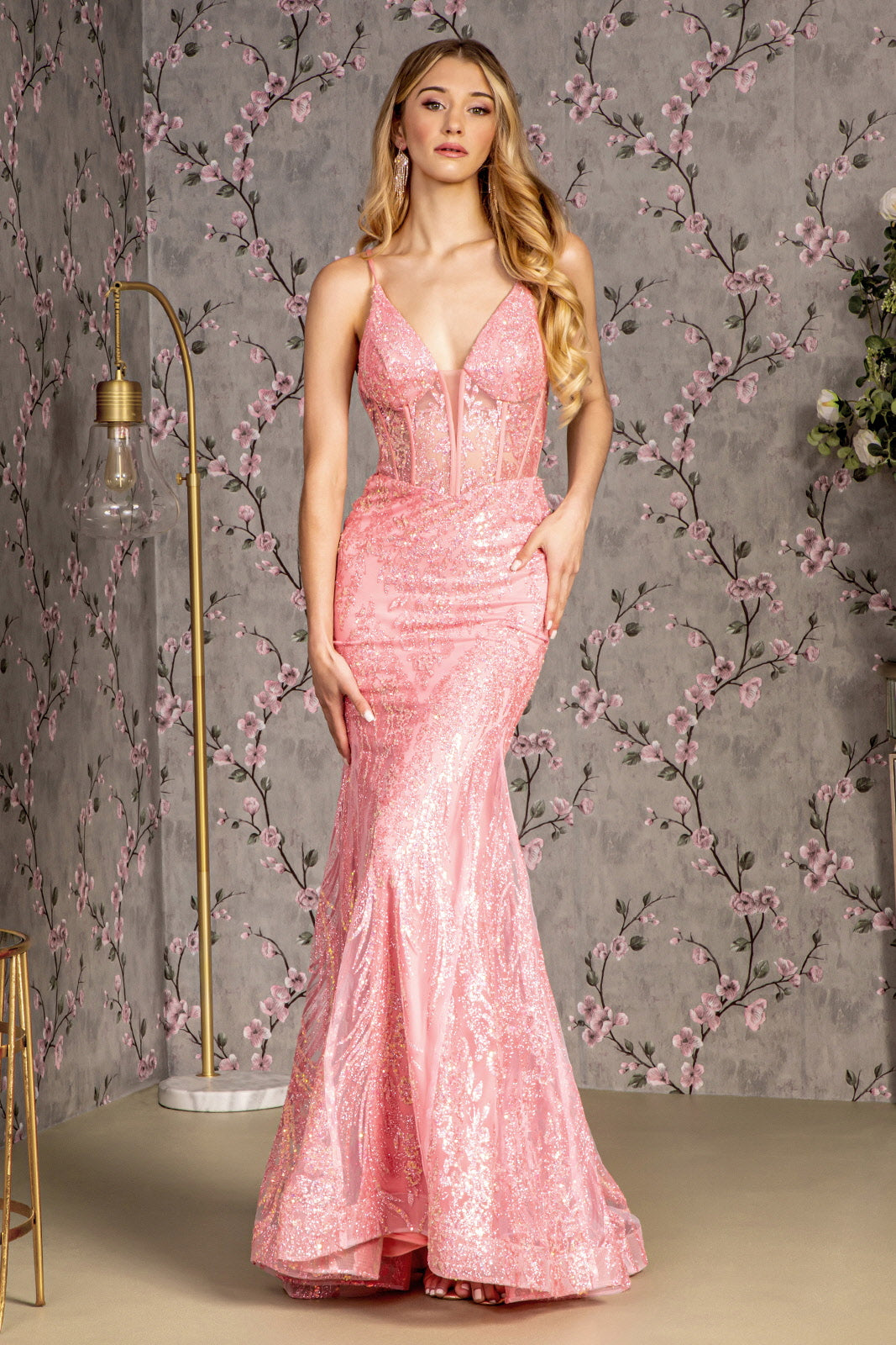 Prom Dresses Sequin Sheer Corset Bodice Mermaid Long Prom Dress Coral