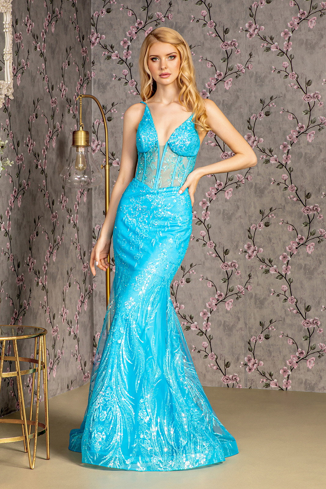 Prom Dresses Sequin Sheer Corset Bodice Mermaid Long Prom Dress Perry Blue