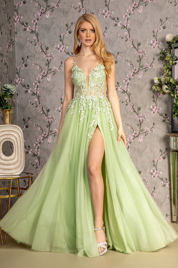 green mesh prom dress Beaded-Mesh Sexy Long Prom Dress: Jovani 63405 Pale/Green / 0