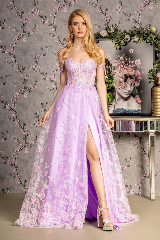 Prom Dresses Detachable Sleeves A line Long Prom Dress Lilac