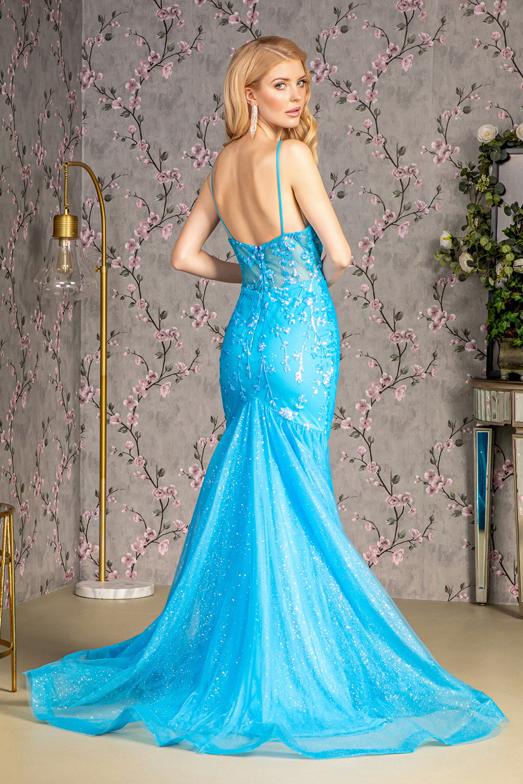 Long Formal Fitted Glitter Prom Dress - Turquoise / S Long Formal Fitted Glitter Prom Dress - Turquoise / S