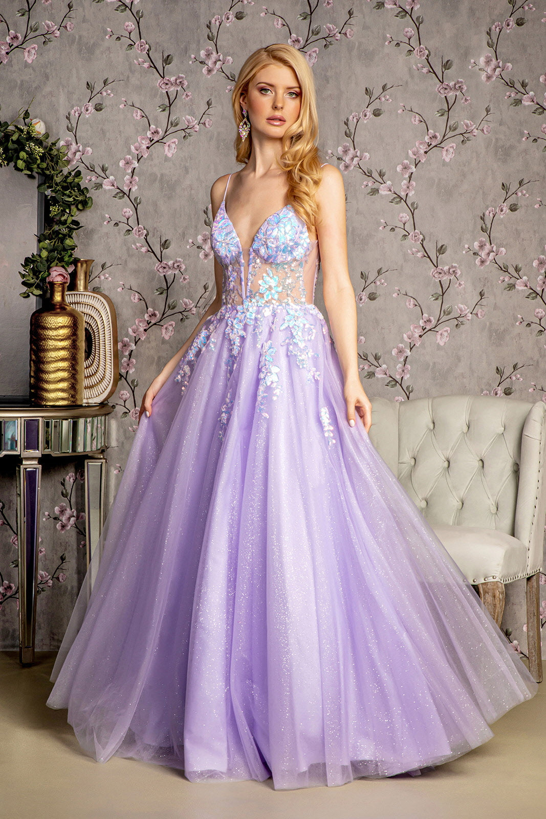 Prom Dresses Sequin Glitter V back A line Long Prom Dress Lilac