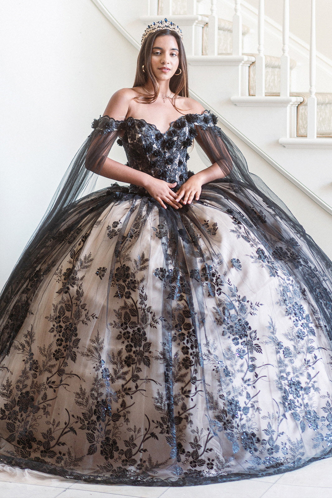 Black/Champagne Long 3D Floral Quinceanera Dress for $398.0 – The Dress