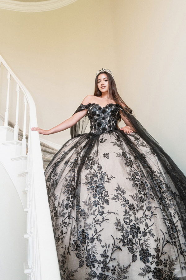 Quinceanera Dresses Long 3D Floral Quinceanera Dress Black/Champagne