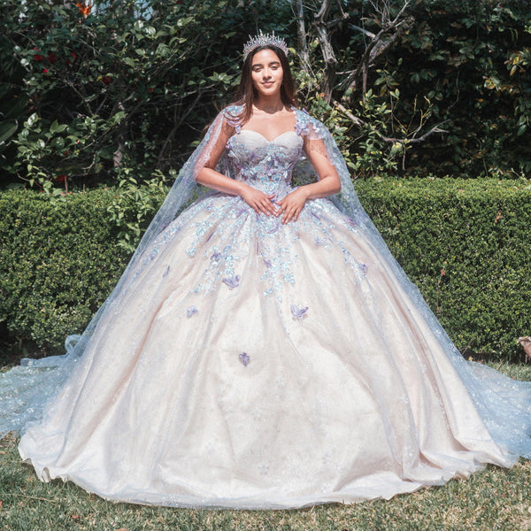 Quinceanera Dresses Long 3D Butterfly Glitter Cape Quinceanera Dress Lilac/Champagne