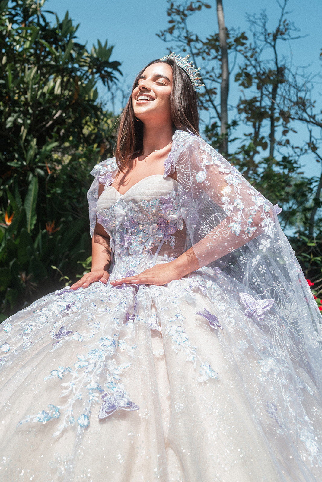 Quinceanera Dresses Long 3D Butterfly Glitter Cape Quinceanera Dress Lilac/Champagne