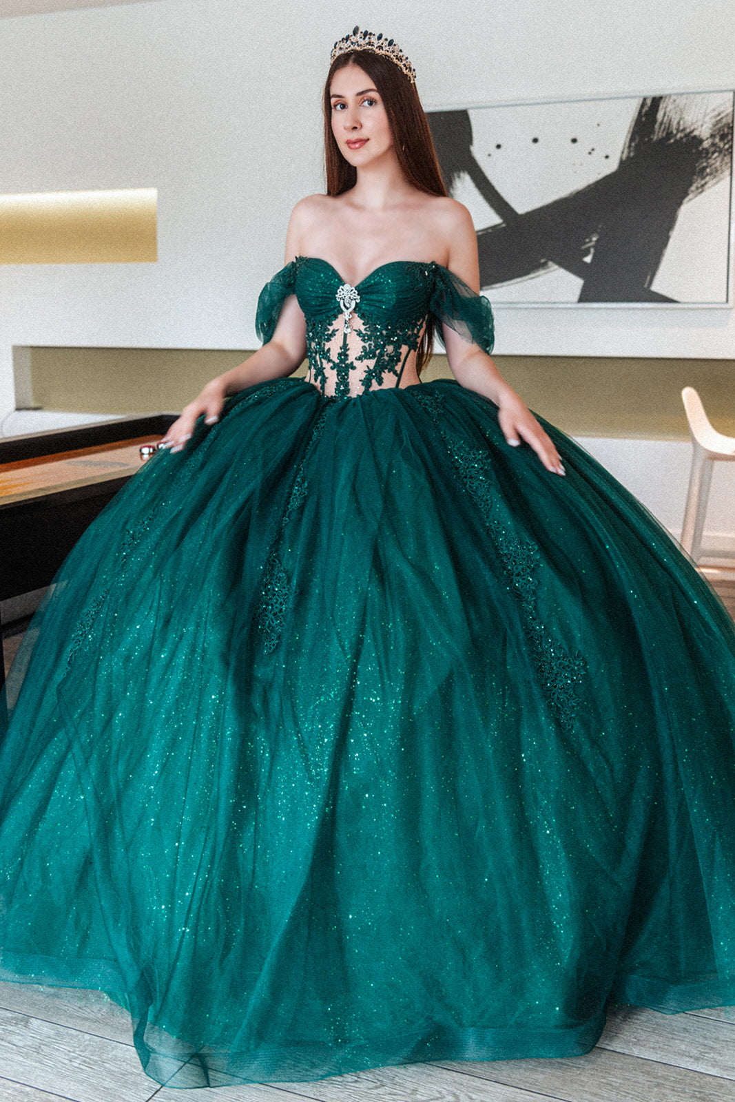 Long Glitter Beaded Quinceanera Dress - Green / 3XL Long Glitter Beaded Quinceanera Dress - Green / 3XL