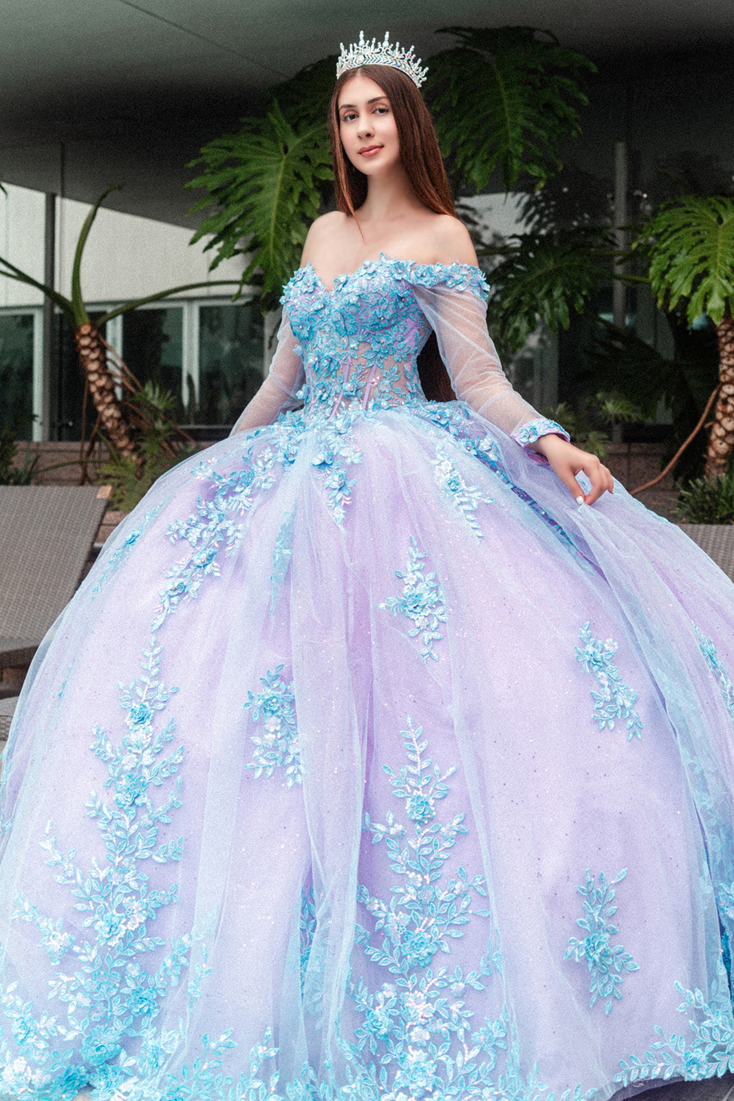 Long 3D Floral Applique Sweet 16 Quinceanera Dress