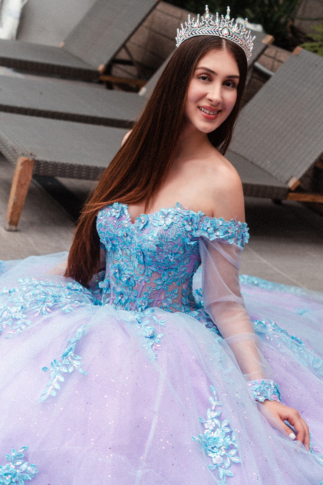 Long 3D Floral Applique Sweet 16 Quinceanera Dress