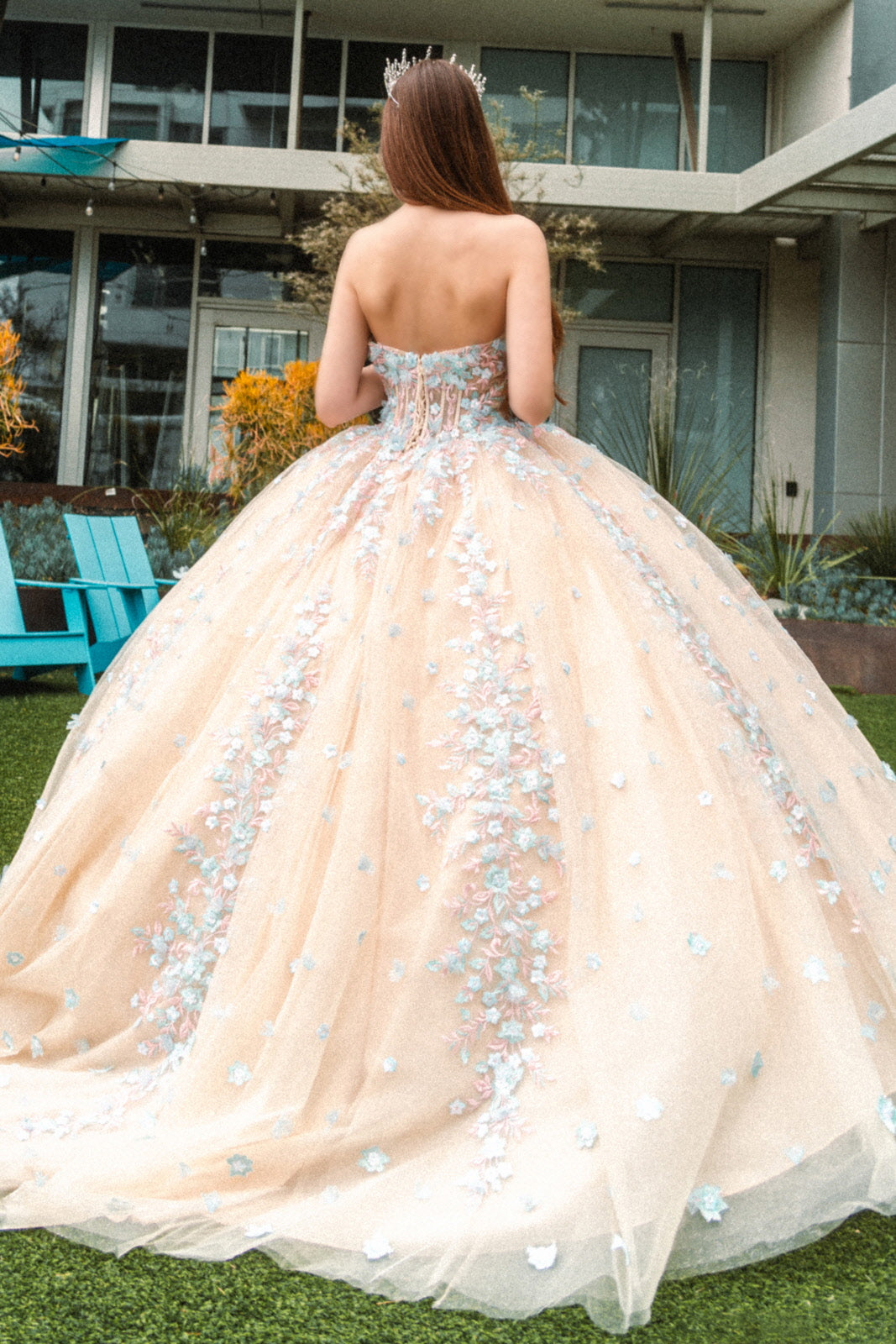 Long Quinceanera Dress 3D Floral Applique Ball Gown - Champagne / XS Long Quinceanera Dress 3D Floral Applique Ball Gown - Champagne / XS