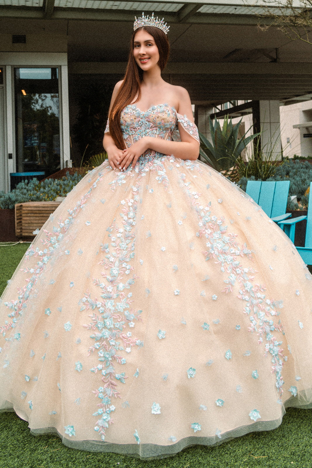 Champagne Long Quinceanera Dress 3D Floral Applique Ball Gown for $689