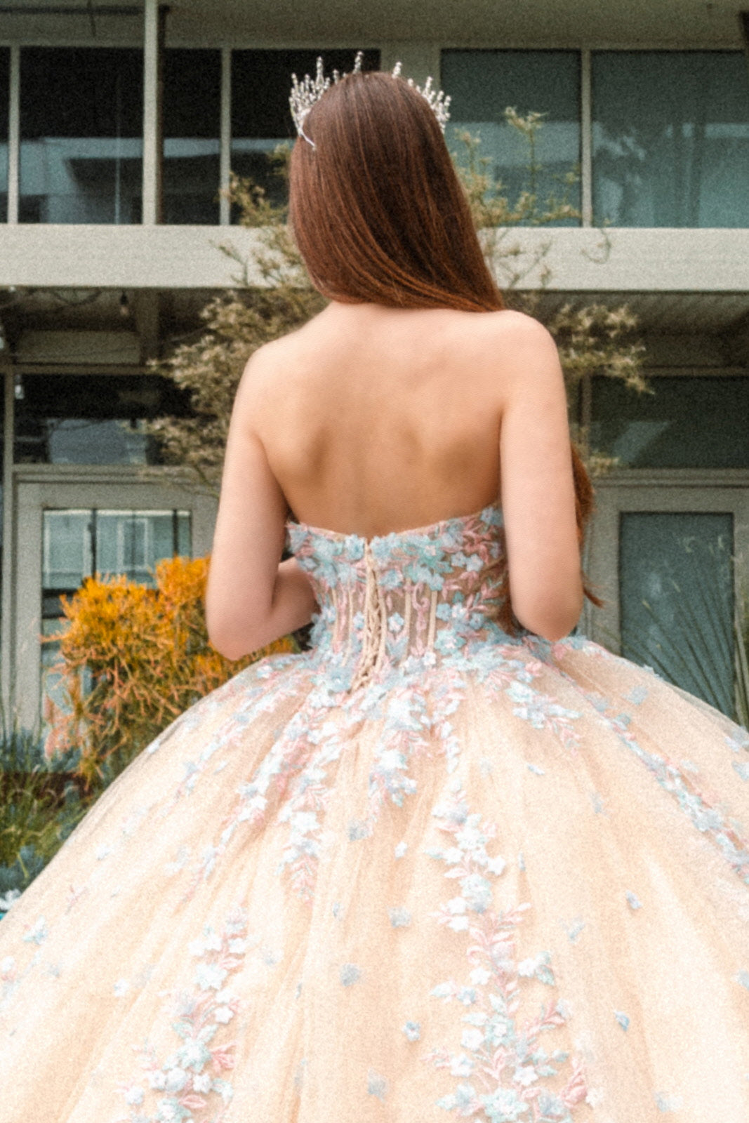 Long Quinceanera Dress 3D Floral Applique Ball Gown