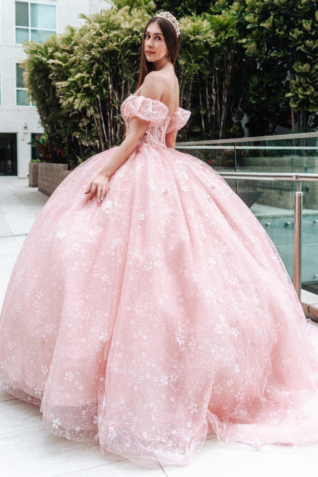 Long Ball Gown Glitter Print Sweetheart Quinceanera Dress