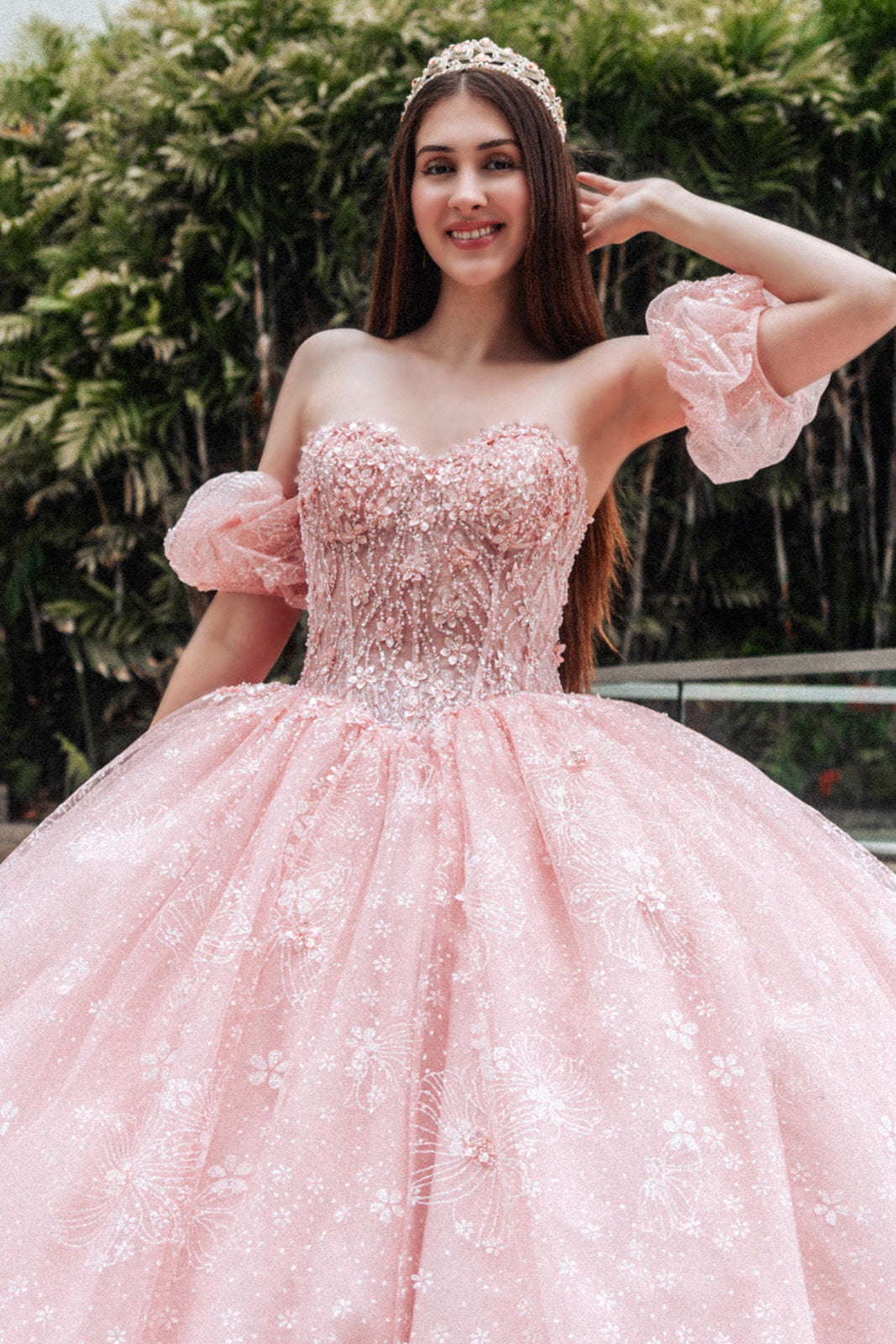 Long Ball Gown Glitter Print Sweetheart Quinceanera Dress
