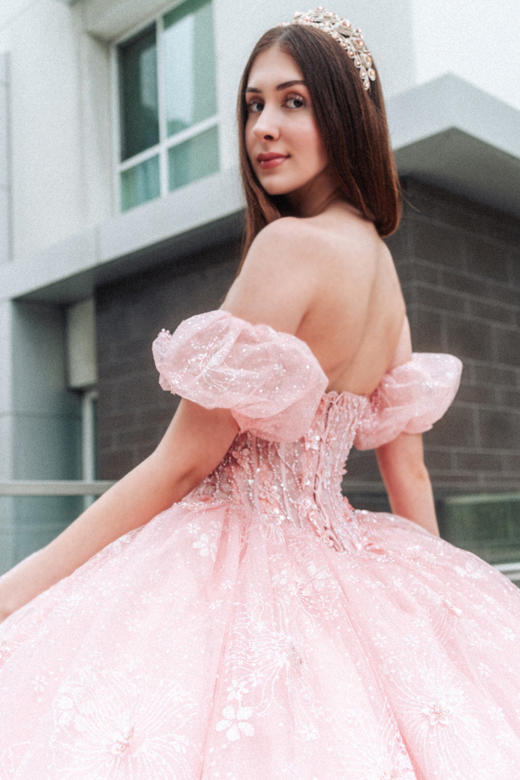 Long Ball Gown Glitter Print Sweetheart Quinceanera Dress