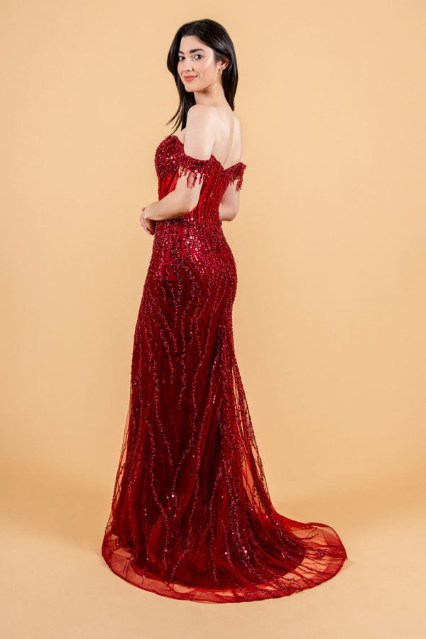 Long Formal Sequin Fringe Fitted Prom Dress