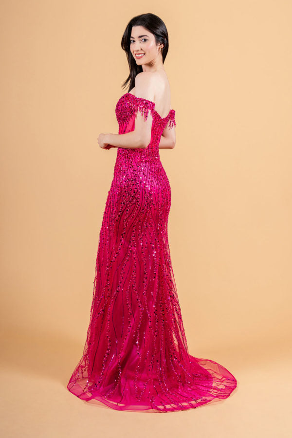 Long Formal Sequin Fringe Fitted Prom Dress