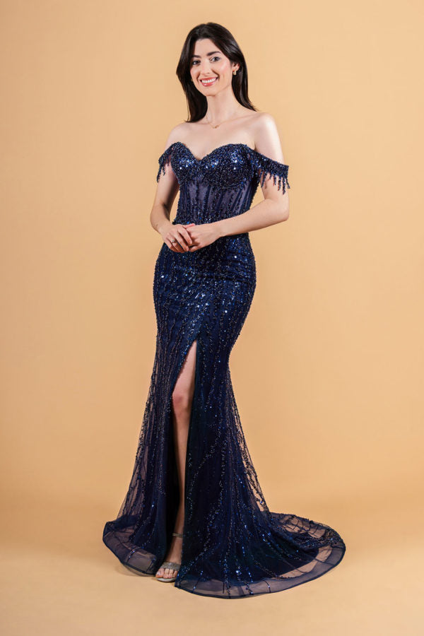 Long Formal Sequin Fringe Fitted Prom Dress