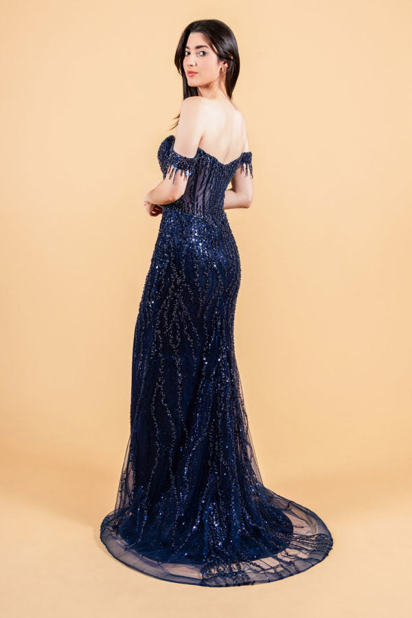 Long Formal Sequin Fringe Fitted Prom Dress - Navy / XL