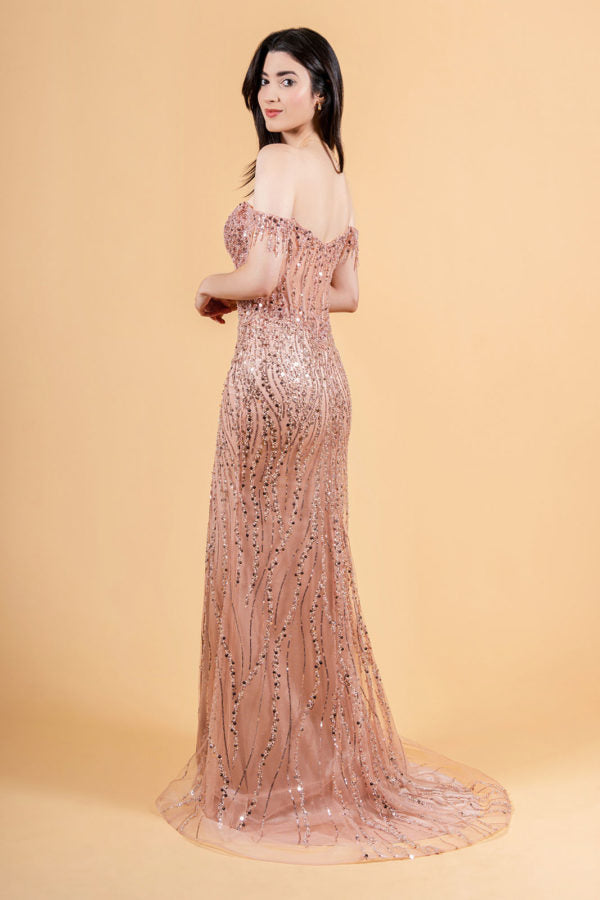 Long Formal Sequin Fringe Fitted Prom Dress