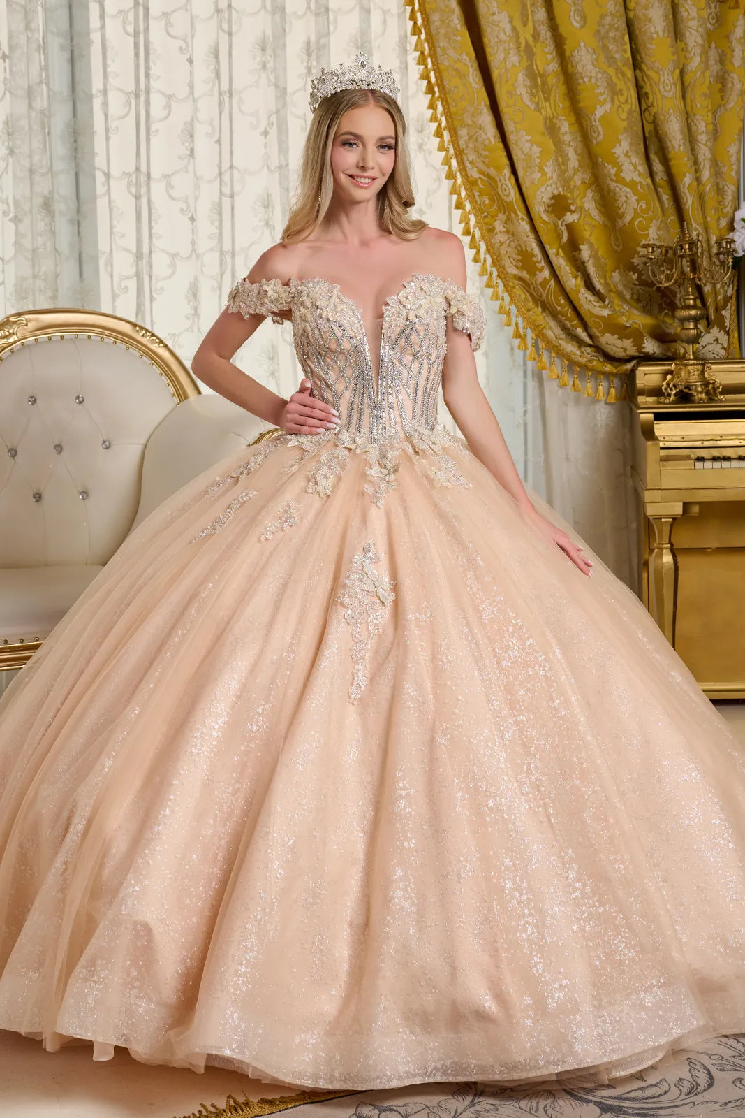 Long Ball Gown Sweet 16 Sequin Quinceanera Dress - Champagne / M Long Ball Gown Sweet 16 Sequin Quinceanera Dress - Champagne / M