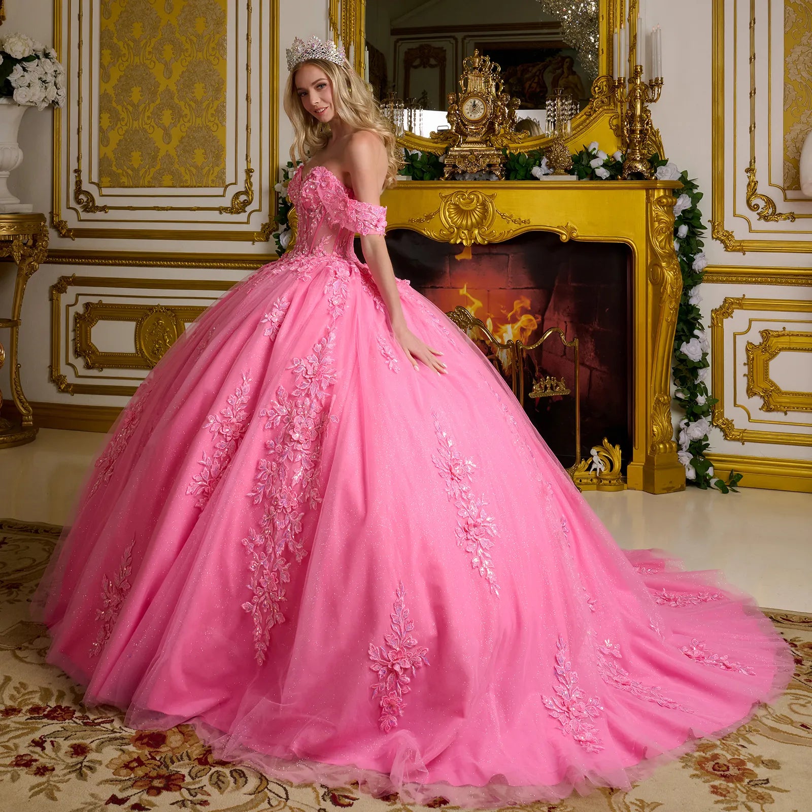 Quinceniera Dresses Long Ball Gown 3D Floral Sequin Quinceanera Dress Hot Pink