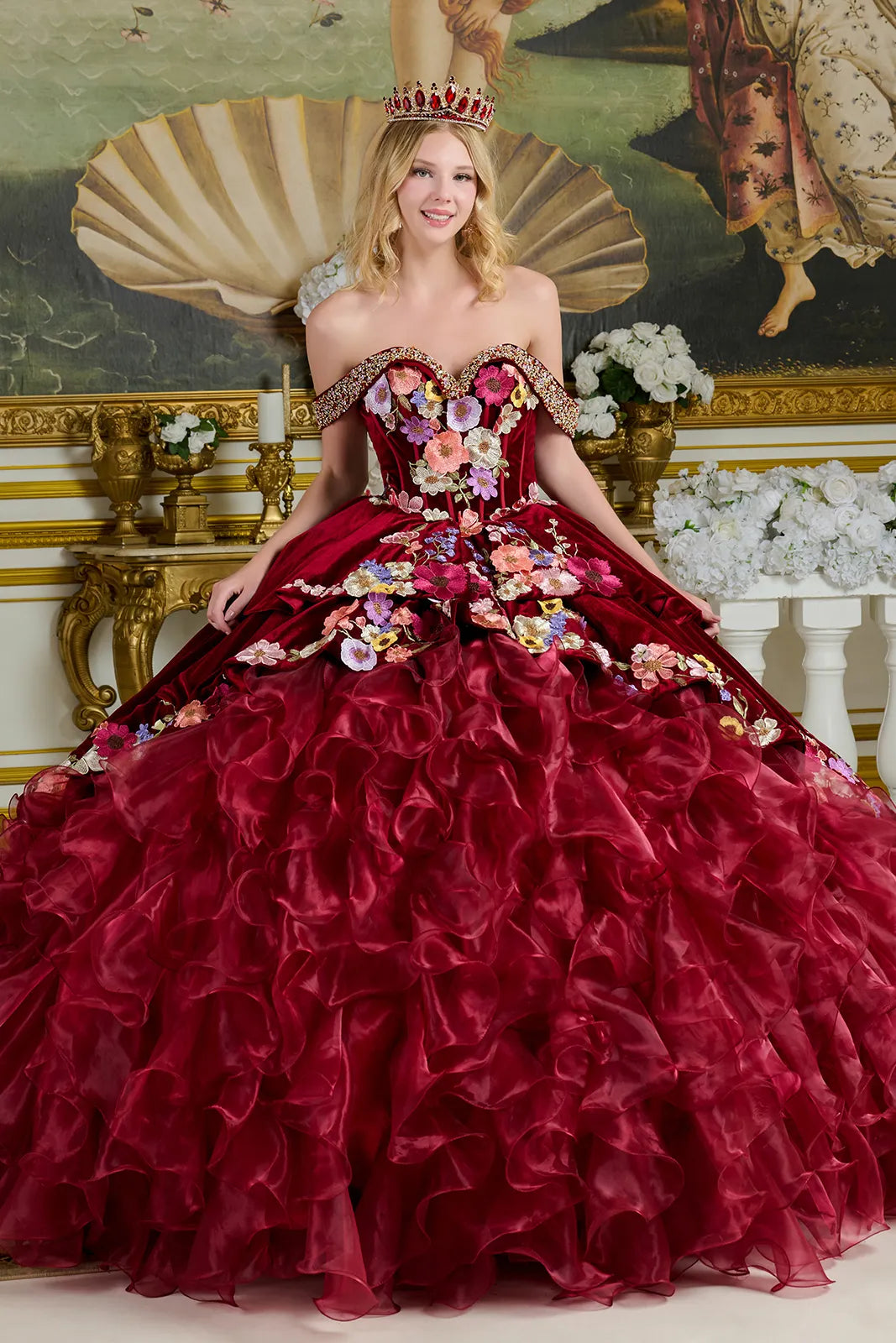 Beaded Long Ball Gown Corset Quinceanera Dress - Burgundy / 3XL Beaded Long Ball Gown Corset Quinceanera Dress - Burgundy / 3XL