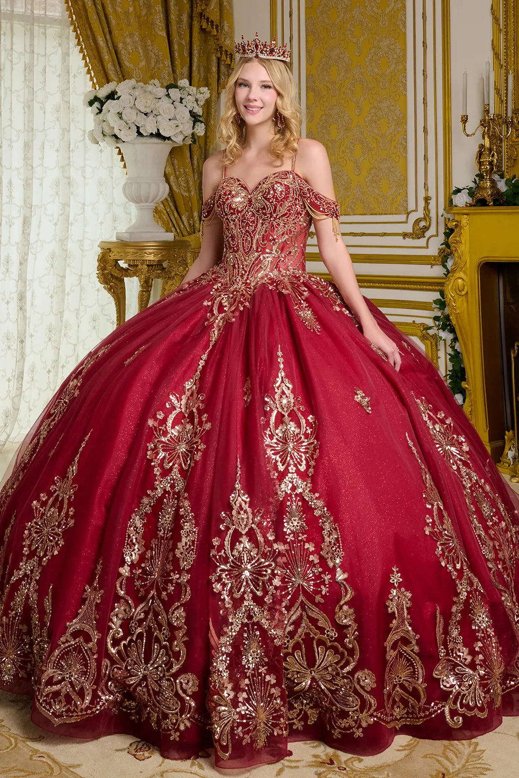 Quinceniera Dresses Glitter Long Ball Gown Mettalic Quinceanera Dress Burgundy
