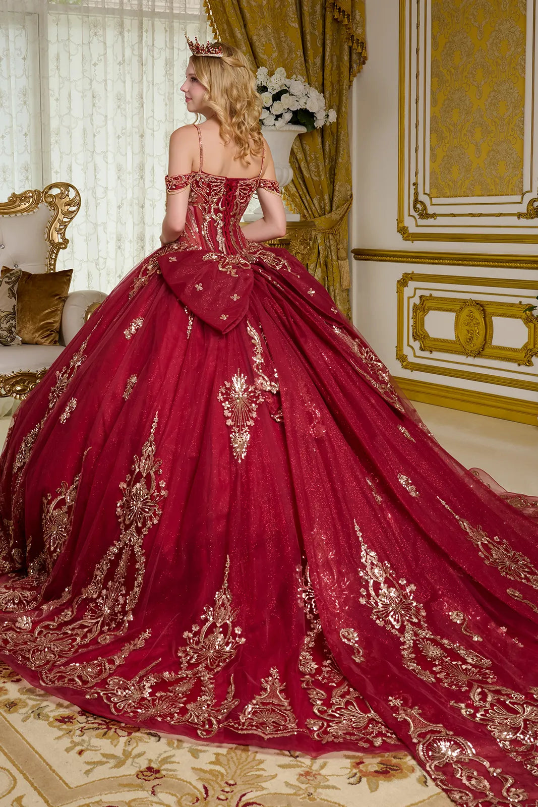Quinceniera Dresses Glitter Long Ball Gown Mettalic Quinceanera Dress Burgundy