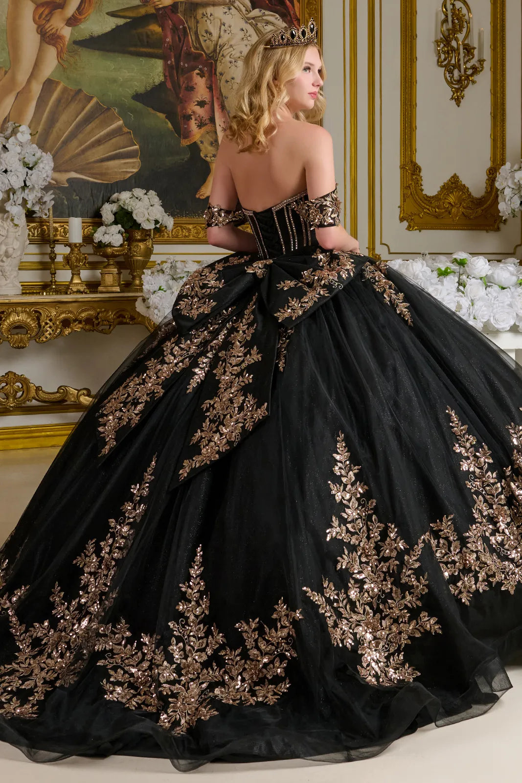 Quinceniera Dresses Floral Ball Gown Long Quinceanera Sequin Dress Black