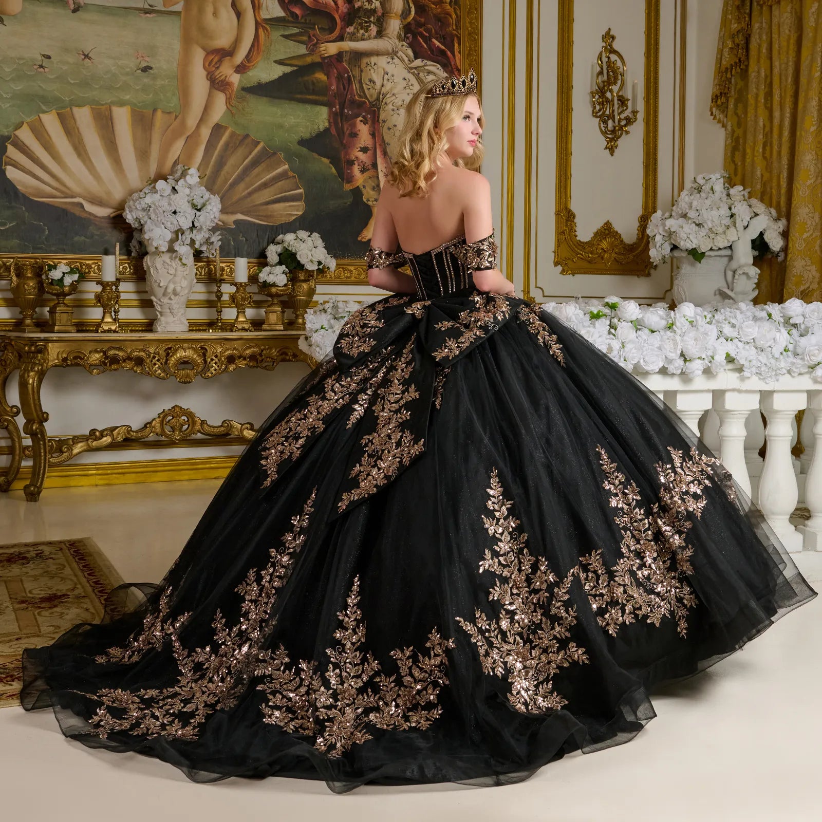 Quinceniera Dresses Floral Ball Gown Long Quinceanera Sequin Dress Black