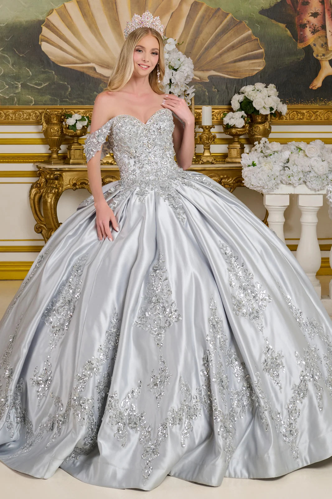 Ball Gown Long Floral Quinceanera Beaded Dress - Silver / M Ball Gown Long Floral Quinceanera Beaded Dress - Silver / M
