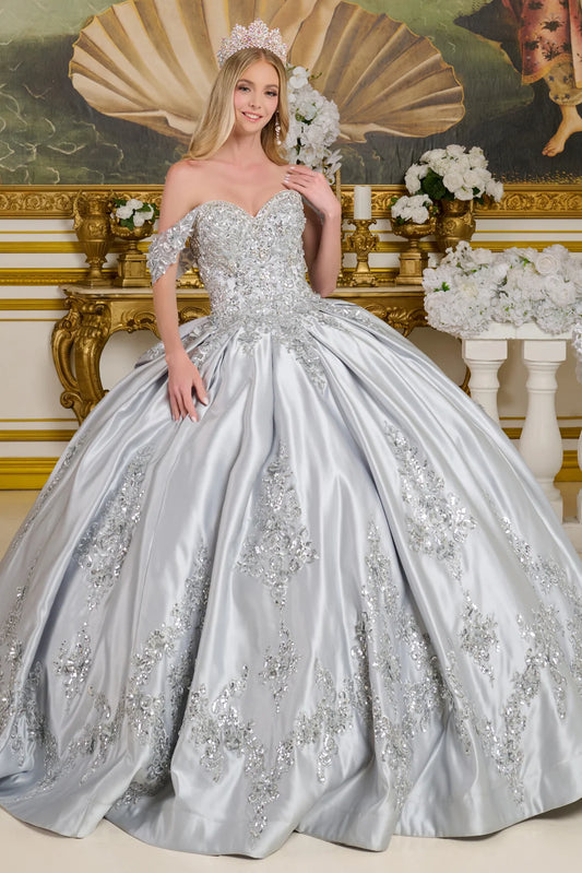 Quinceniera Dresses Ball Gown Long Floral Quinceanera Beaded Dress Silver