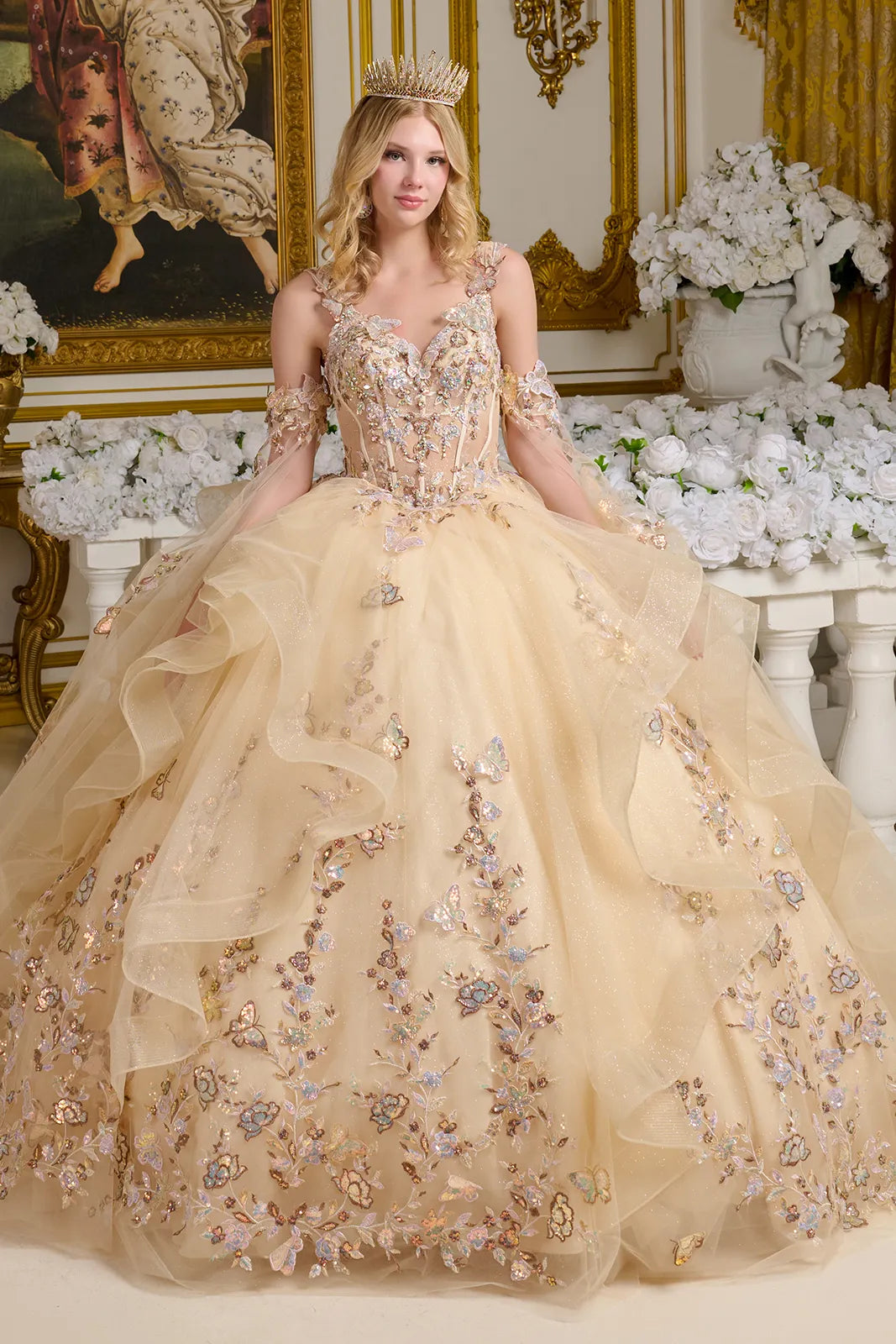 Ball Gown Long Ruffle Sequin Quinceanera Dress - Champagne / XL Ball Gown Long Ruffle Sequin Quinceanera Dress - Champagne / XL