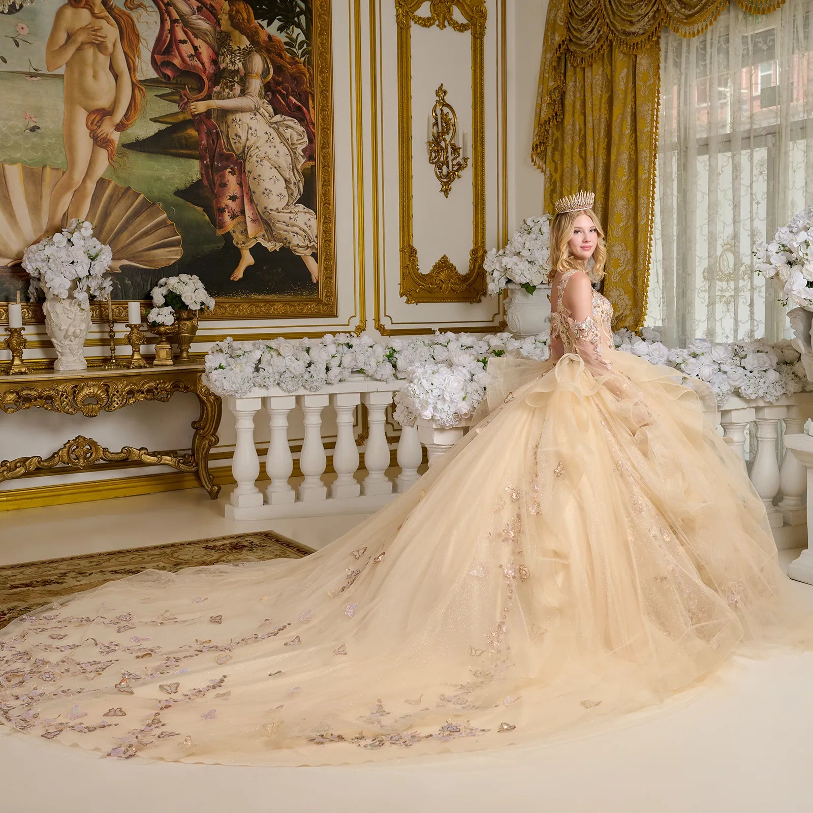 Quinceniera Dresses Ball Gown Long Ruffle Sequin Quinceanera Dress Champagne