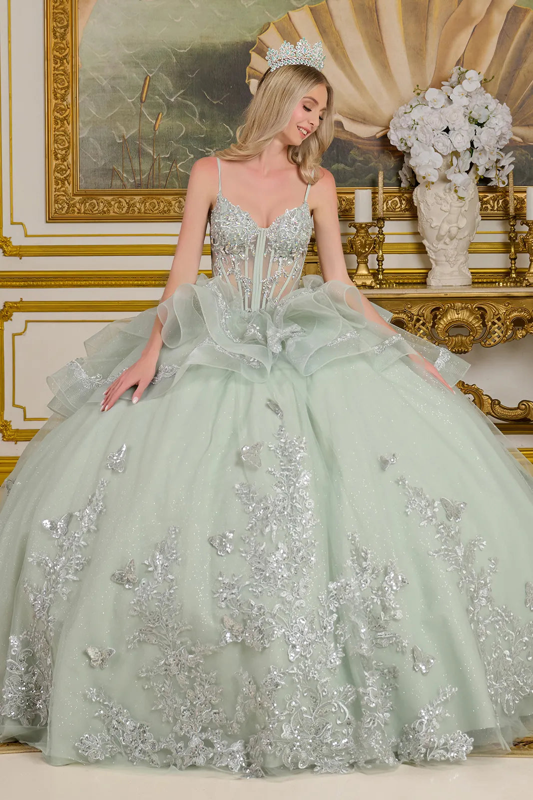 Quinceniera Dresses Sweet 16 Long Ball Gown Metallic Quinceanera Dress Grey Green