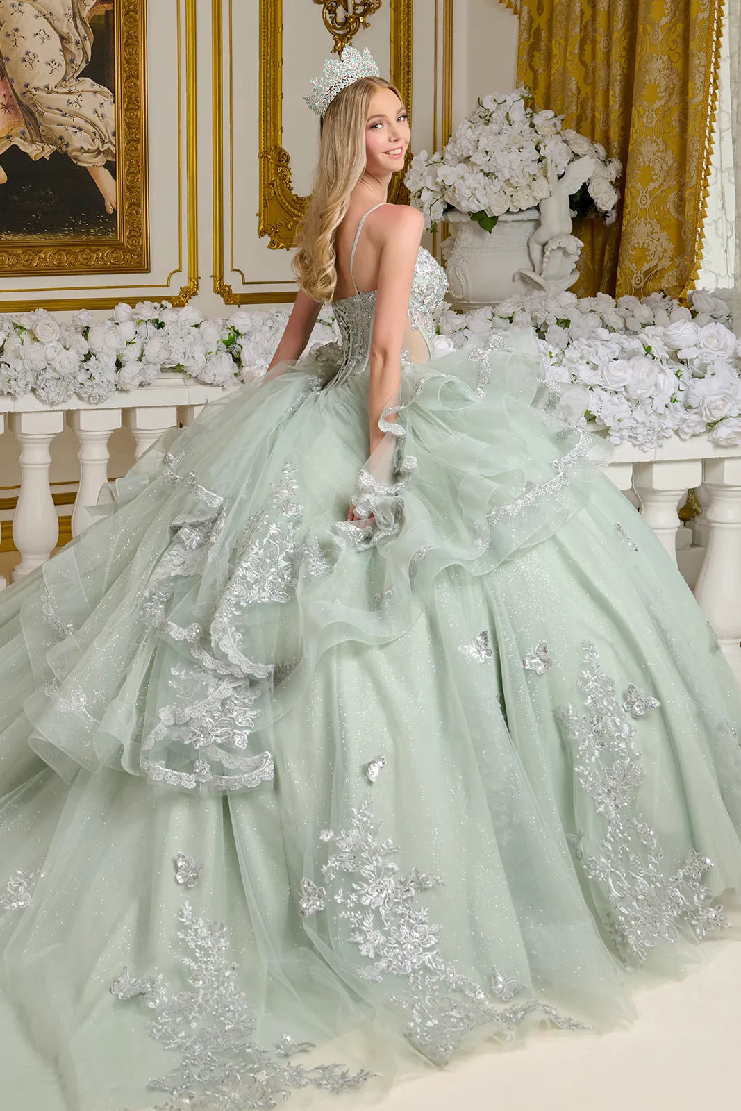 Quinceniera Dresses Sweet 16 Long Ball Gown Metallic Quinceanera Dress Grey Green