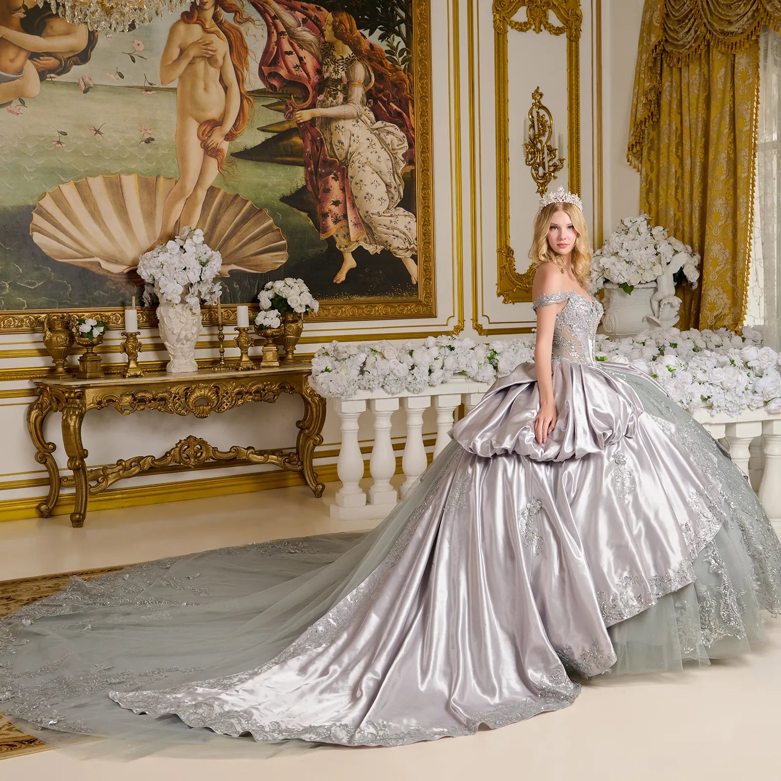 Quinceniera Dresses Long Metallic Sequin Quinceanera Sweet 16 Dress Silver