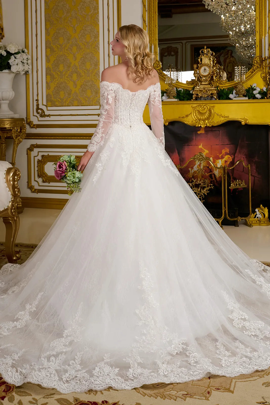 Long A Line Beaded Corset Lace Wedding Dress