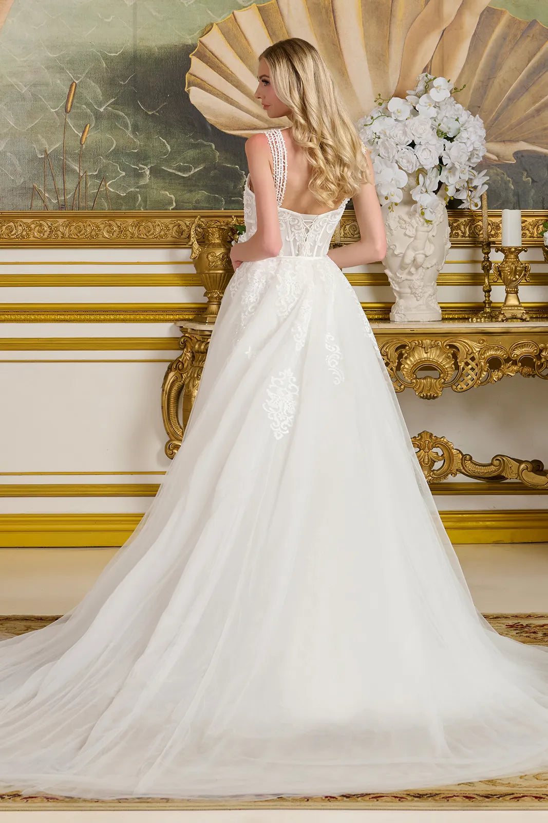 Long Bridal Corset Beaded Sequin Overskirt Wedding Dress