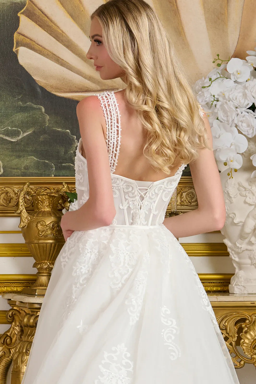 Wedding Dresses Long Bridal Corset Beaded Sequin Overskirt Wedding Dress Off White