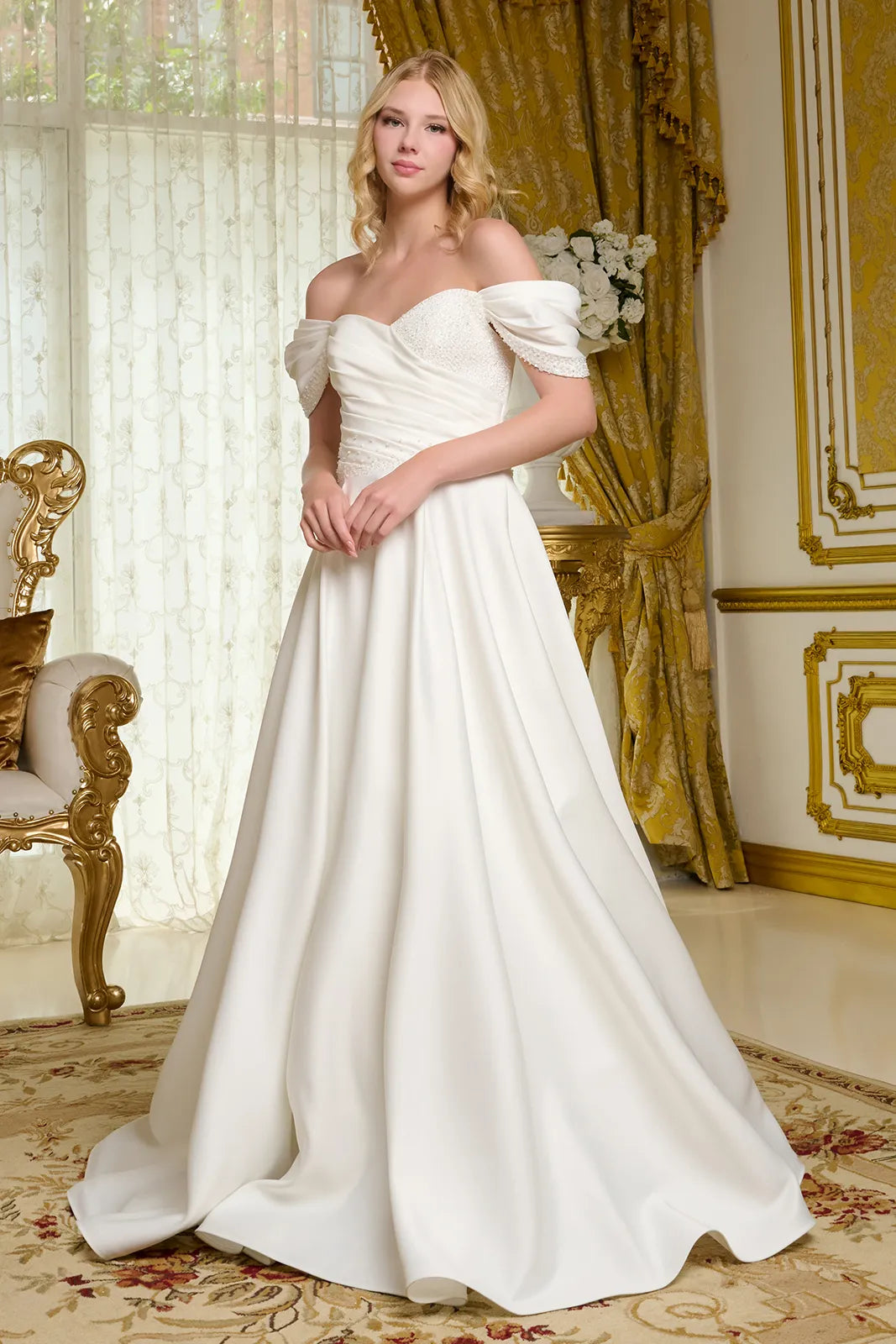 Pleated Long Bridal A Line Beaded Wedding Dress - Off White / XL Pleated Long Bridal A Line Beaded Wedding Dress - Off White / XL