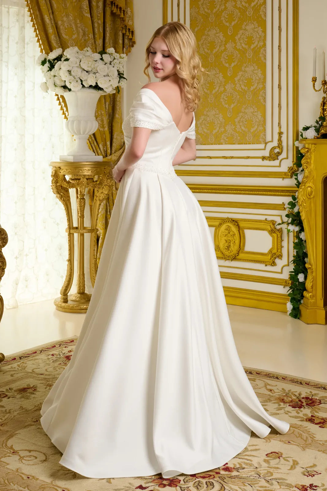 Pleated Long Bridal A Line Beaded Wedding Dress