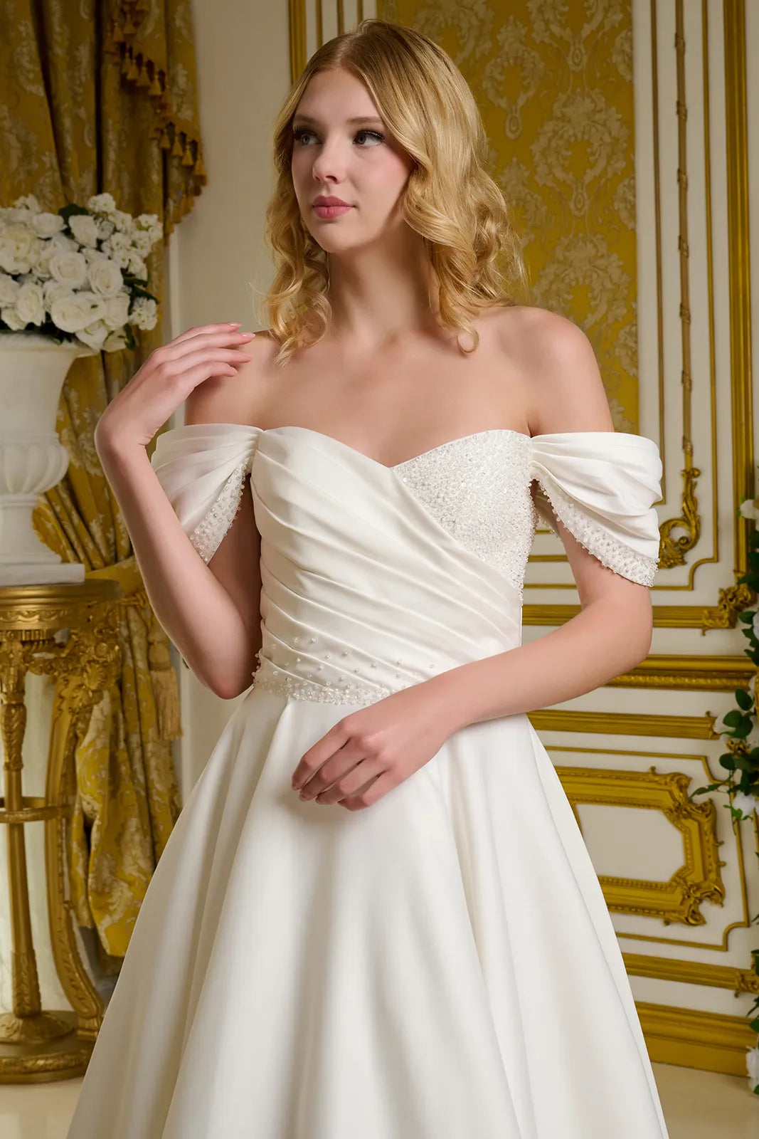 Pleated Long Bridal A Line Beaded Wedding Dress