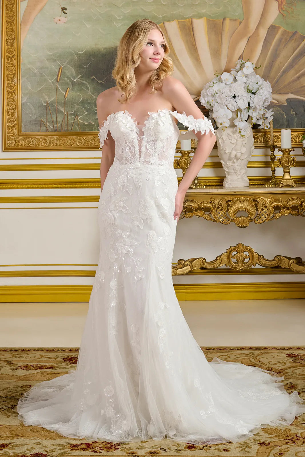 Long Bridal 3D Floral Applique Wedding Dress - Off White / 3XL Long Bridal 3D Floral Applique Wedding Dress - Off White / 3XL