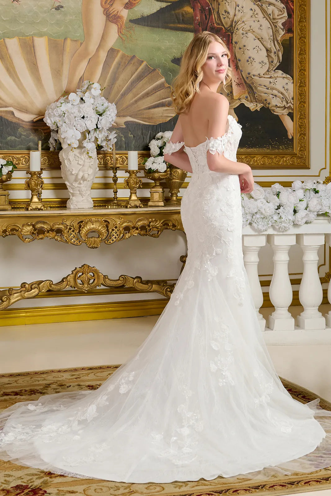 Wedding Dresses Long Bridal 3D Floral Applique Wedding Dress Off White