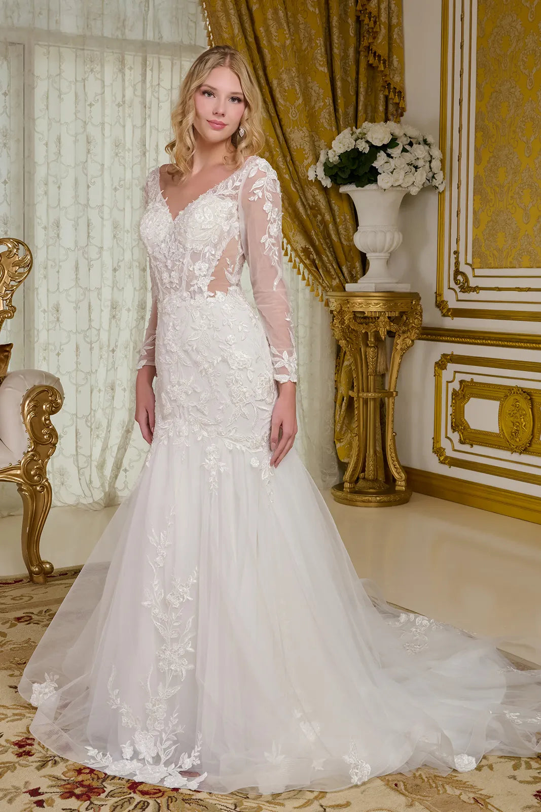 Long Sleeve Bridal A Line Beaded Sequin Wedding Dress - Off White / XS Long Sleeve Bridal A Line Beaded Sequin Wedding Dress - Off White / XS