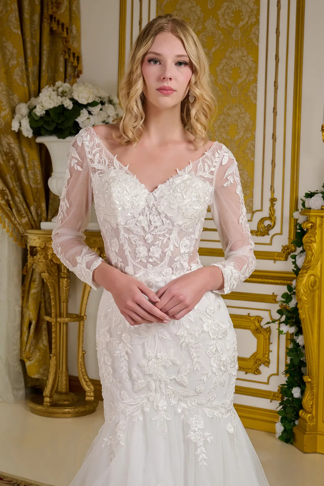 Long Sleeve Bridal A Line Beaded Sequin Wedding Dress