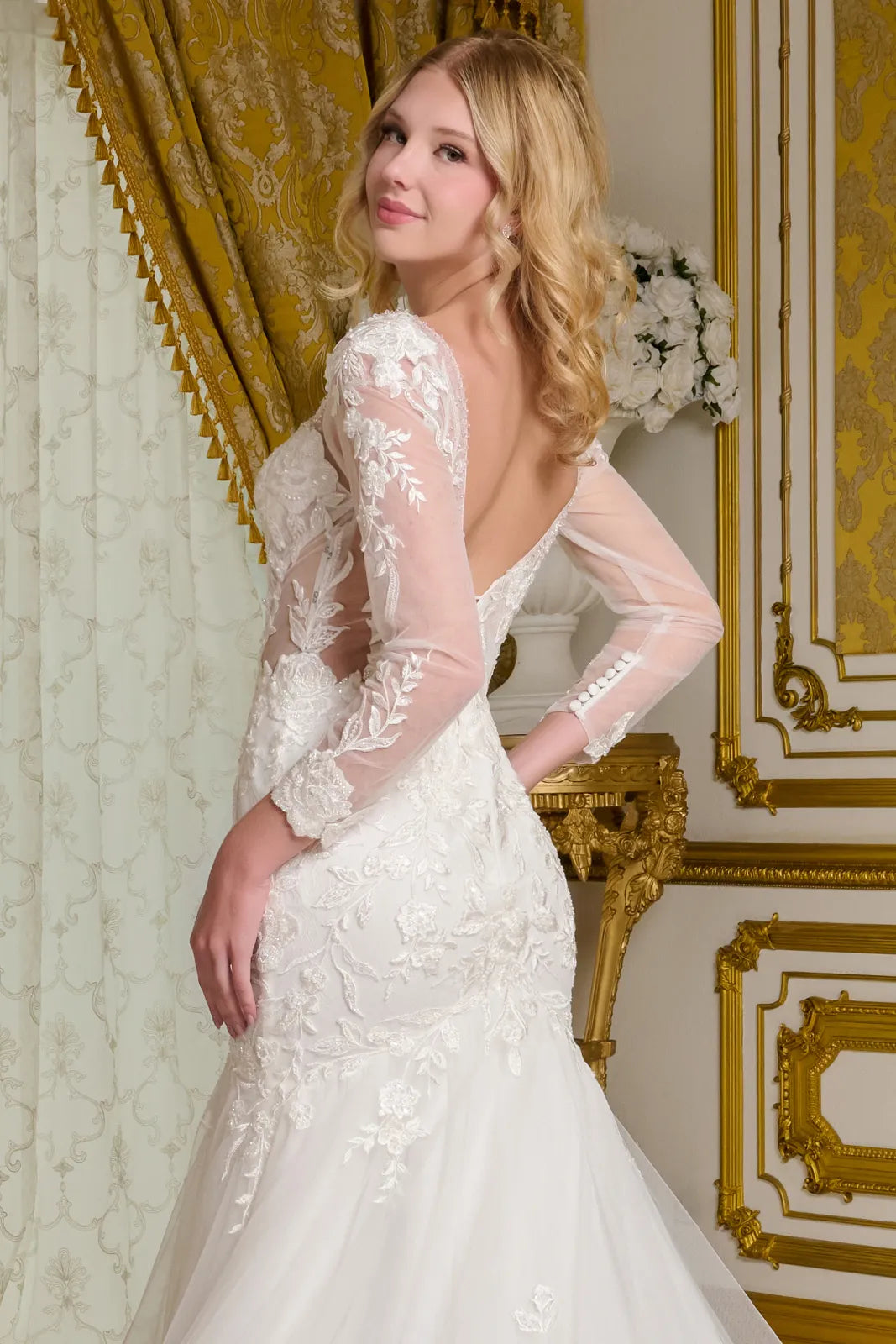 Long Sleeve Bridal A Line Beaded Sequin Wedding Dress